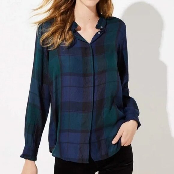 Loft Women Green Blue Plaid Tartan Ruffle Collar Long Sleeve Button Top L Petite - Picture 9 of 10